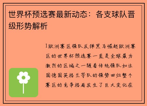 世界杯预选赛最新动态：各支球队晋级形势解析